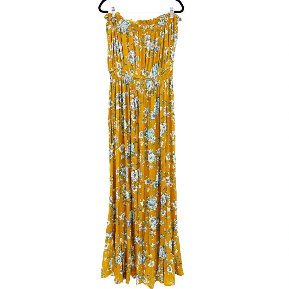 Socialite Strapless Button Front Maxi Dress In Yellow Floral XL NWOT